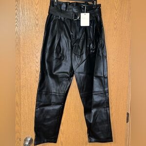 Black Vegan Leather Pants, Cinched waist with Belt
